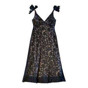 Floral Black and Gray Midi Dress with Bow Straps